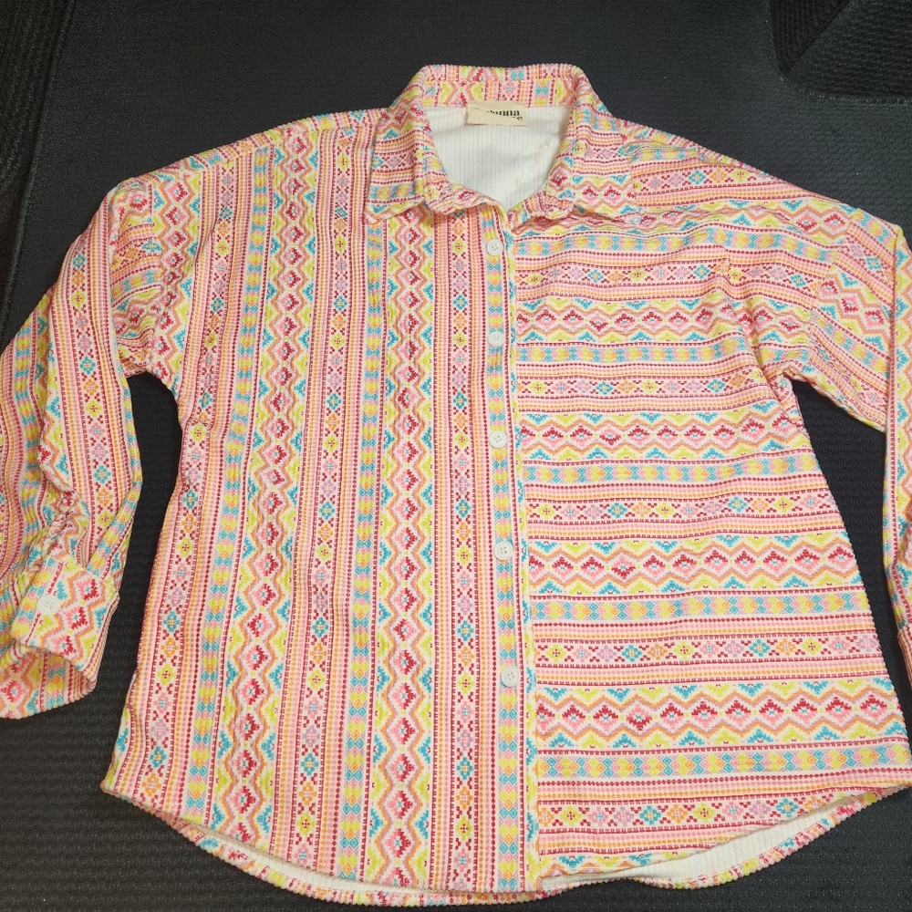 Women's Savannah Jane Pink Yellow Geometric Aztec Print Shirt Jacket Large NWOT